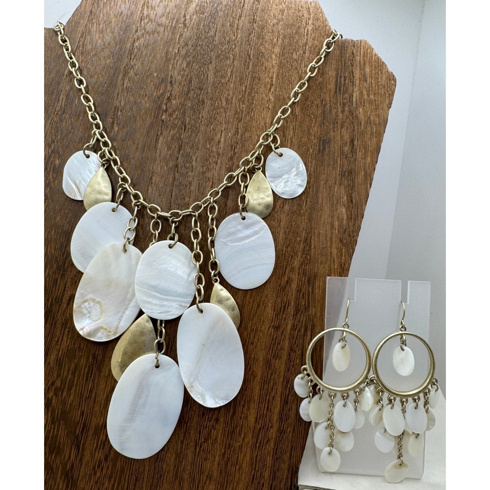 Chaps Gold Tone Mother of Pearl Shell Statement Necklace and Earring Set